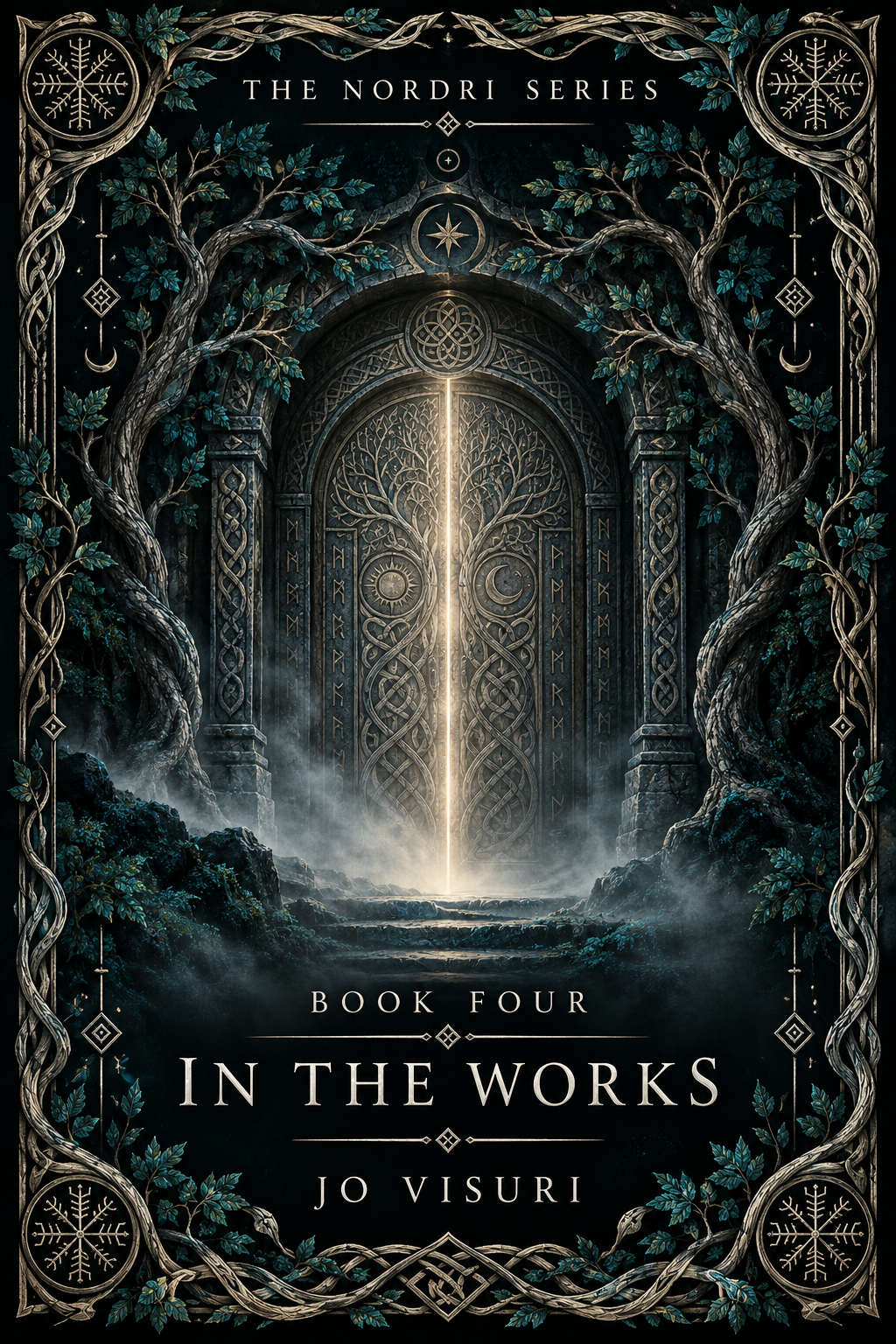 Temporary Book Four teaser cover with a mysterious Nordic doorway; final cover to be revealed