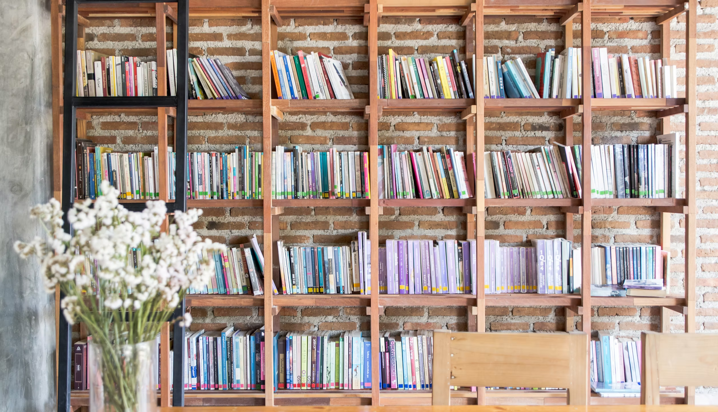 Bookshelves in a sunlit library