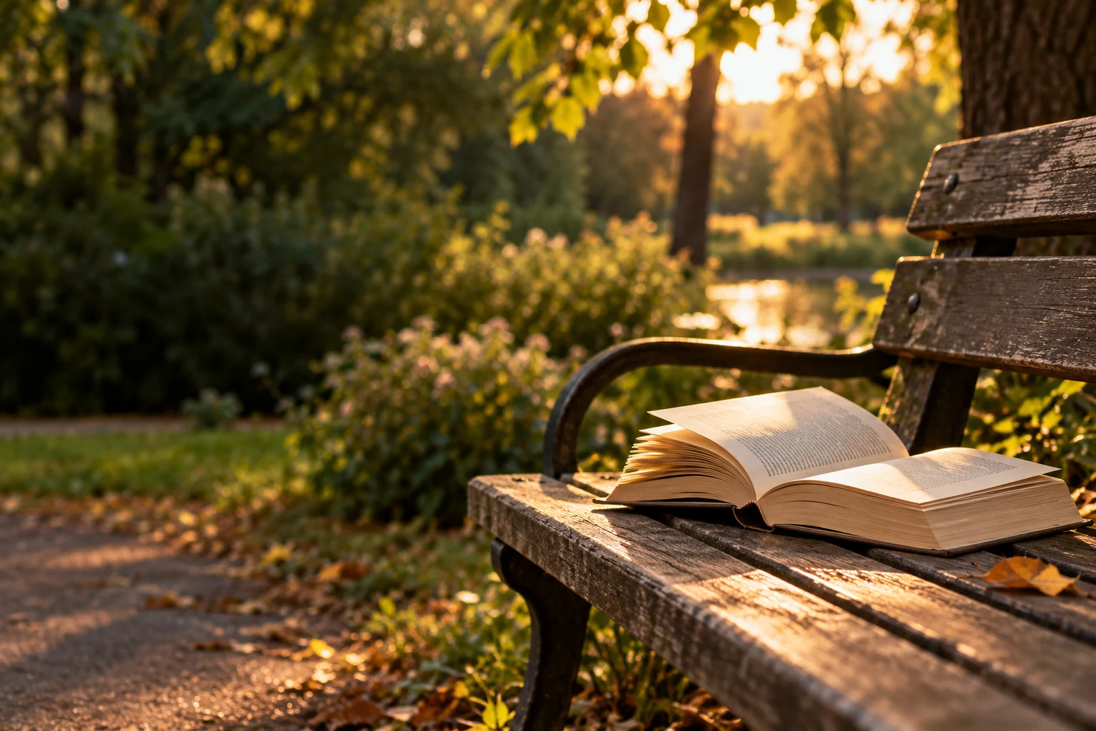 An open book waiting on a park bench in warm afternoon light